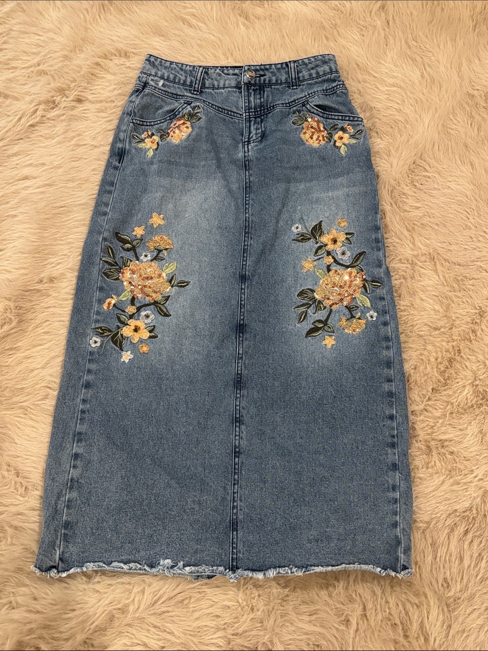 TRUCE Embroidered Blue Denim Midi Skirt with Yellow Floral Detail